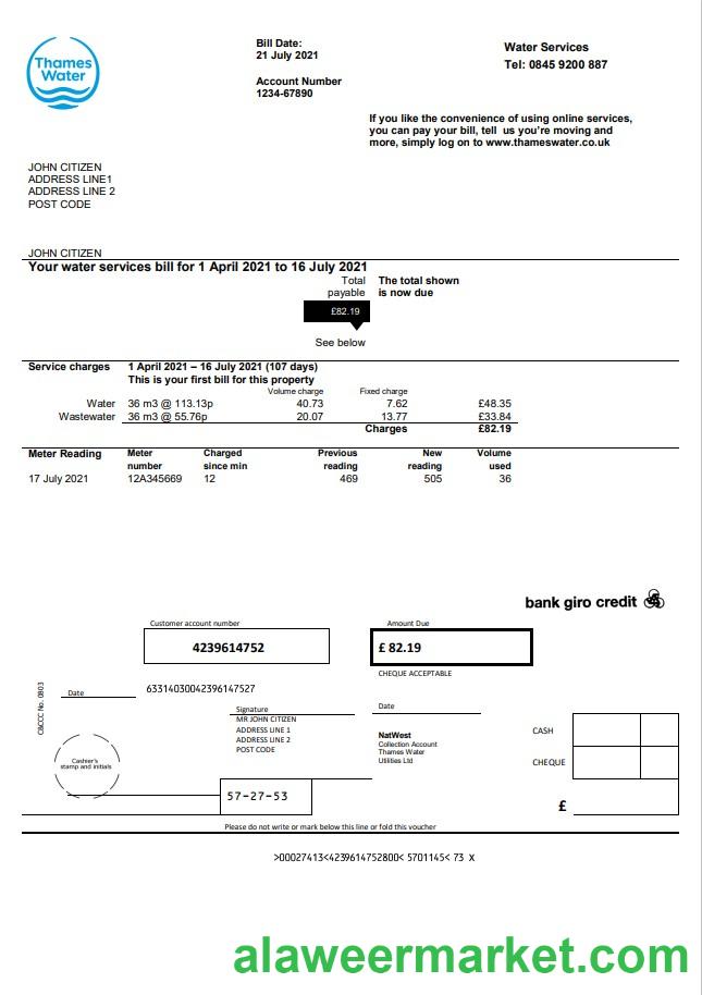 United Kingdom Thames Water utility bill template in Word and PDF format